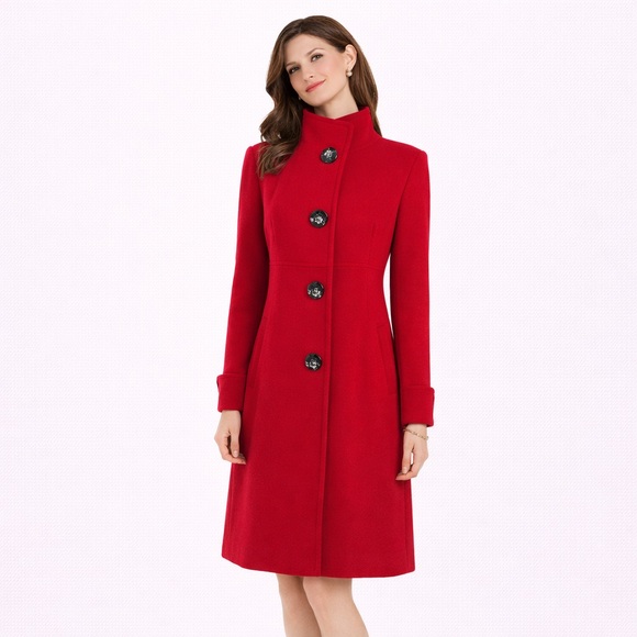 Michael Kors Red 100% Wool Funnel Neck Long Coat• Winter Button Coat - Holidays
